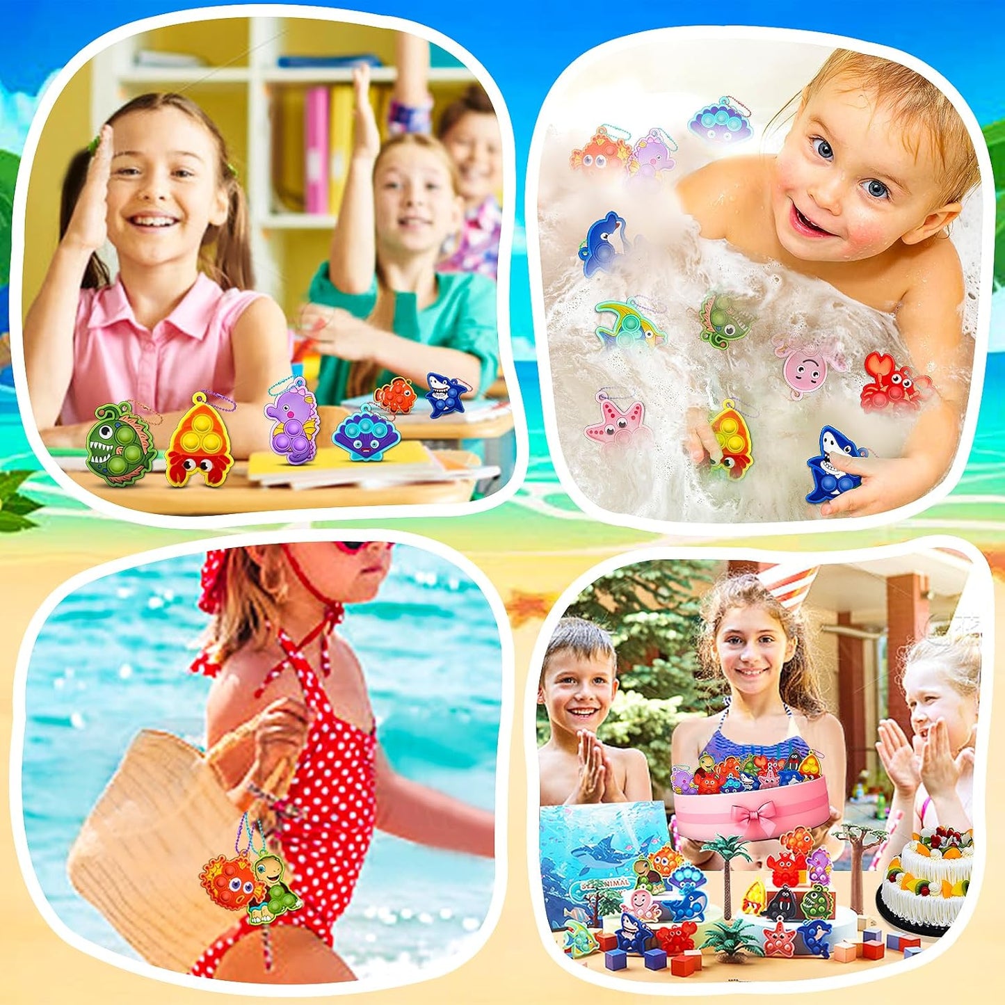 Party Favors for Kids 16PCS Sea Animal Sensory Toys, Mini Pop Fidget Toys Keychain for Kids, Goodie Bag Stuffers, Carnival Birthday Gifts, Classroom Prizes