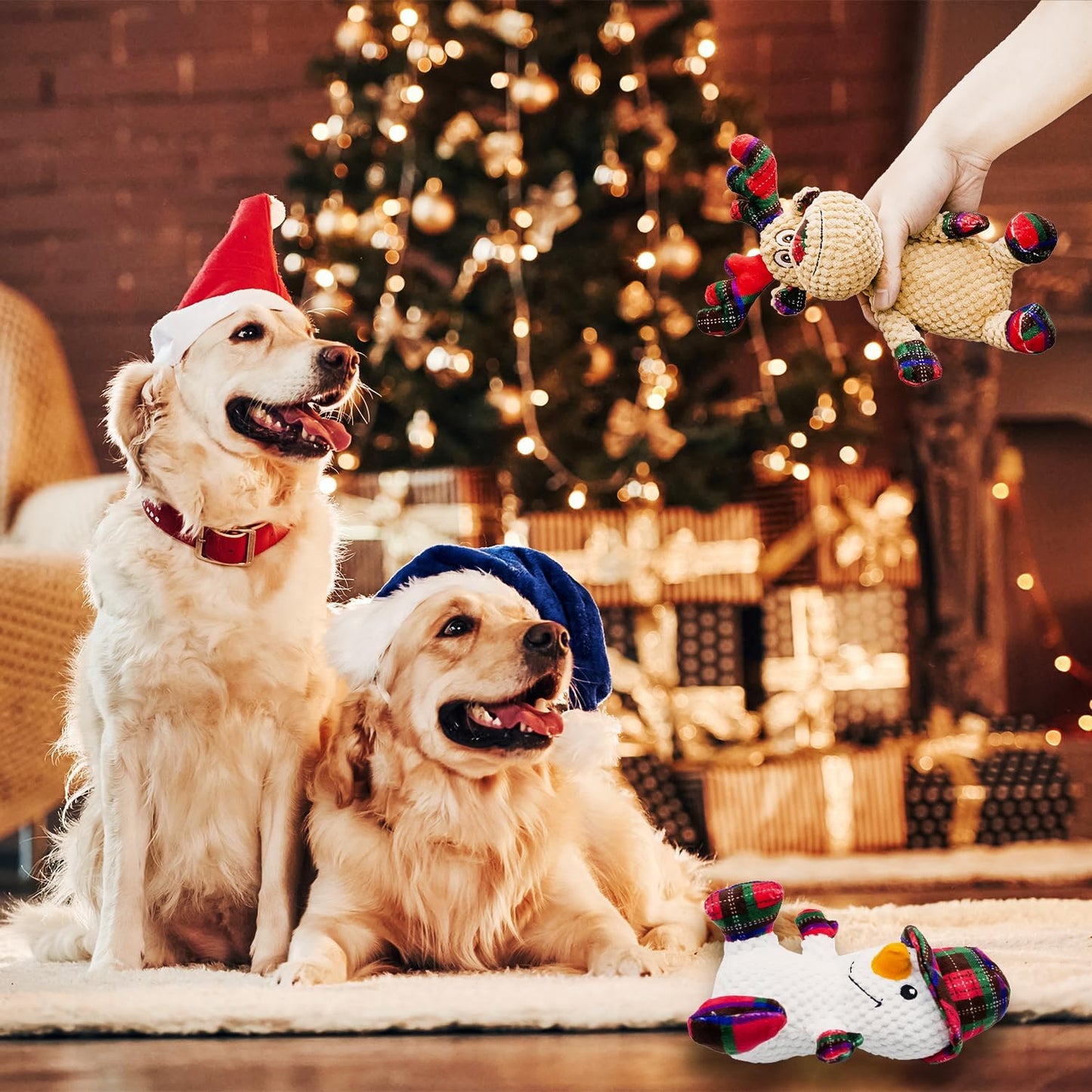 Dog Christmas Snowman and Reindeer Toy With Squeaker, 2 Pack With Crinkle Paper, Soft Pet Chew for Teeth, Interactive Plush for Small & Medium Dogs