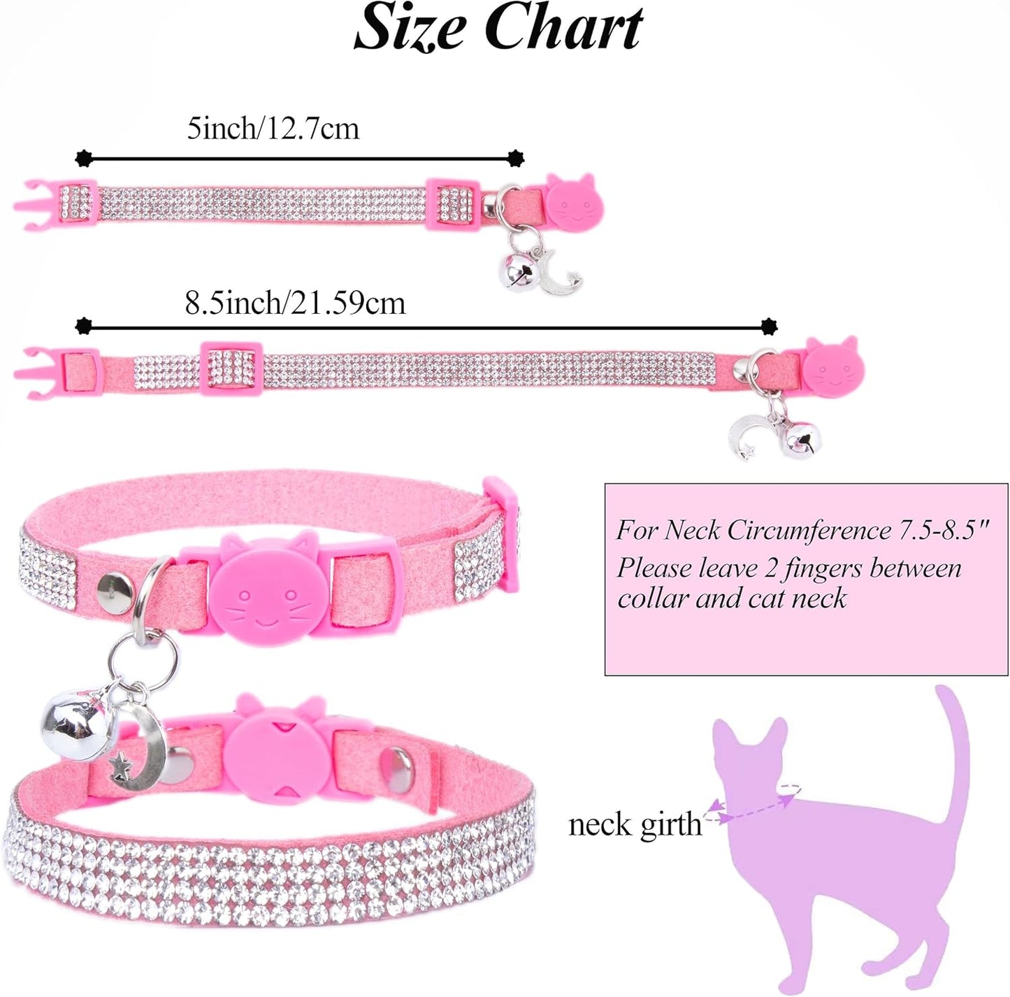 Rhinestone Cat Collar Breakaway with Bell Safety Buckle, Adjustable Diamond Girl Boy Kitty Cute Comfy Collar for Kitten Tiny Little Pets Rabbits, 6"-9" Pink Extra Small