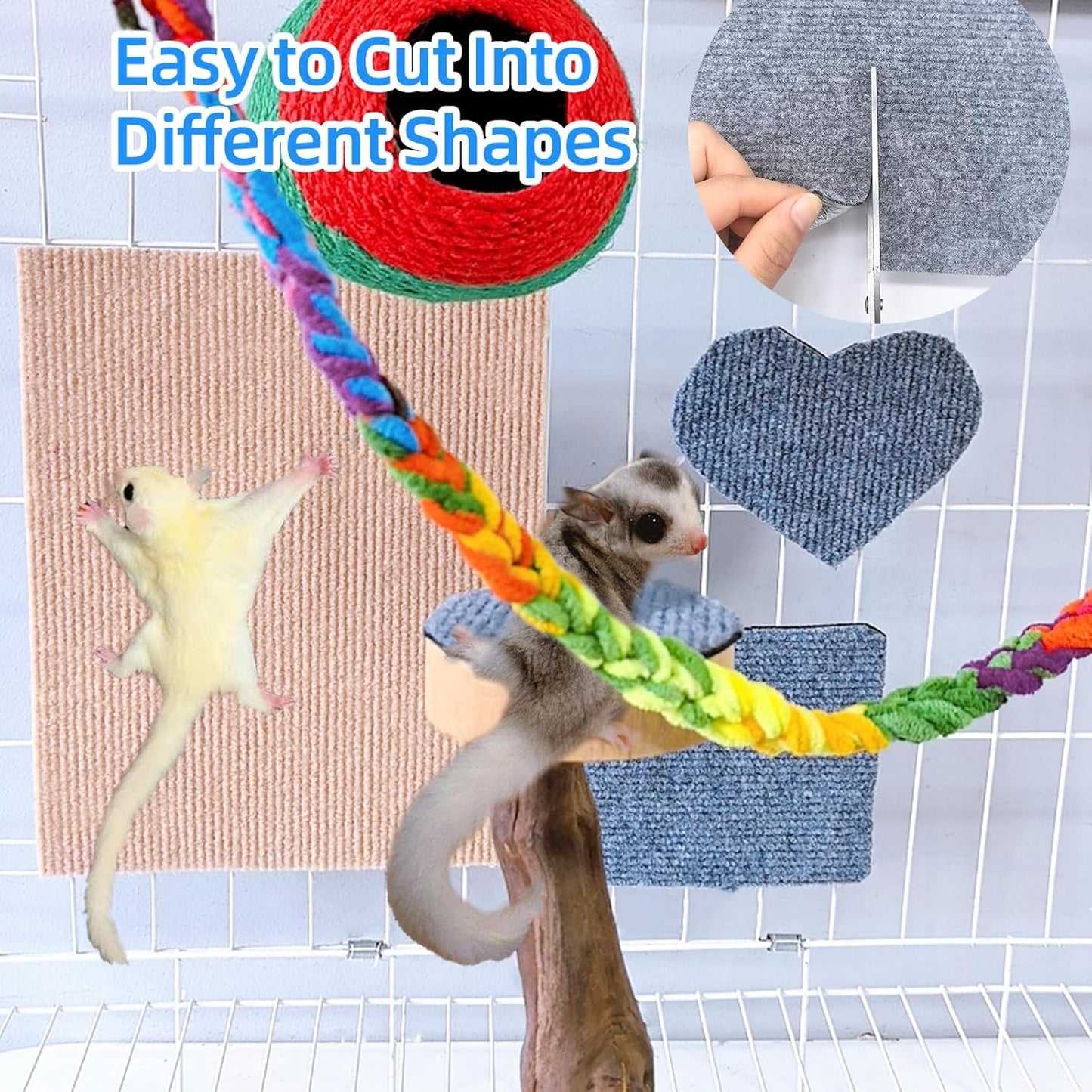 Sugar Glider Toys,6 Pcs Sugar Glider Climbing Mats,Sugar Glider Sharpening Claws Mats with Climbing Ropes Cage Accessories,Cuttable Self-Adhesive Small Animals Pets Scratching Pads Enrichment Toys for