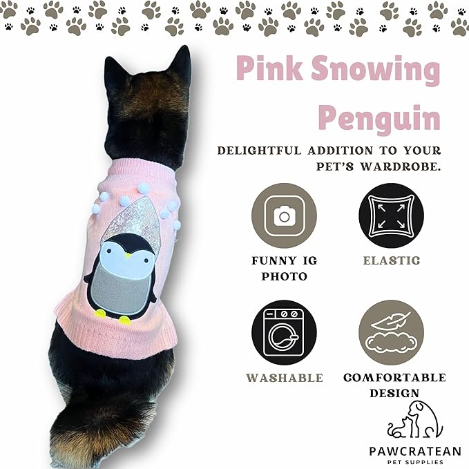Cute Sweater for Dogs and Cats Soft Flannel Pet Outfit Warm and Cozy Animal Hoodie Small to Large Pet Clothes for Halloween Parties and Everyday Wear (Large, Pink Pinguin)