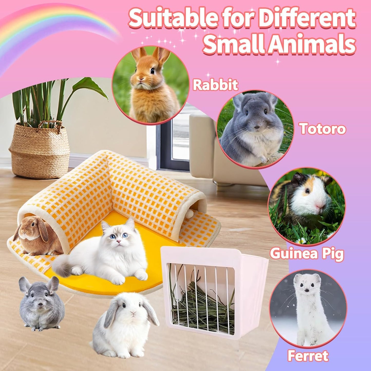 Hanging Rabbit Hay Feeder with Lid - No Waste Slow Feed Hay Rack for Rabbits, Guinea Pigs & Small Pets - Sturdy White Design, Easy to Fill & Clean, Cage Mounted Bunny Hay Holder (Set)
