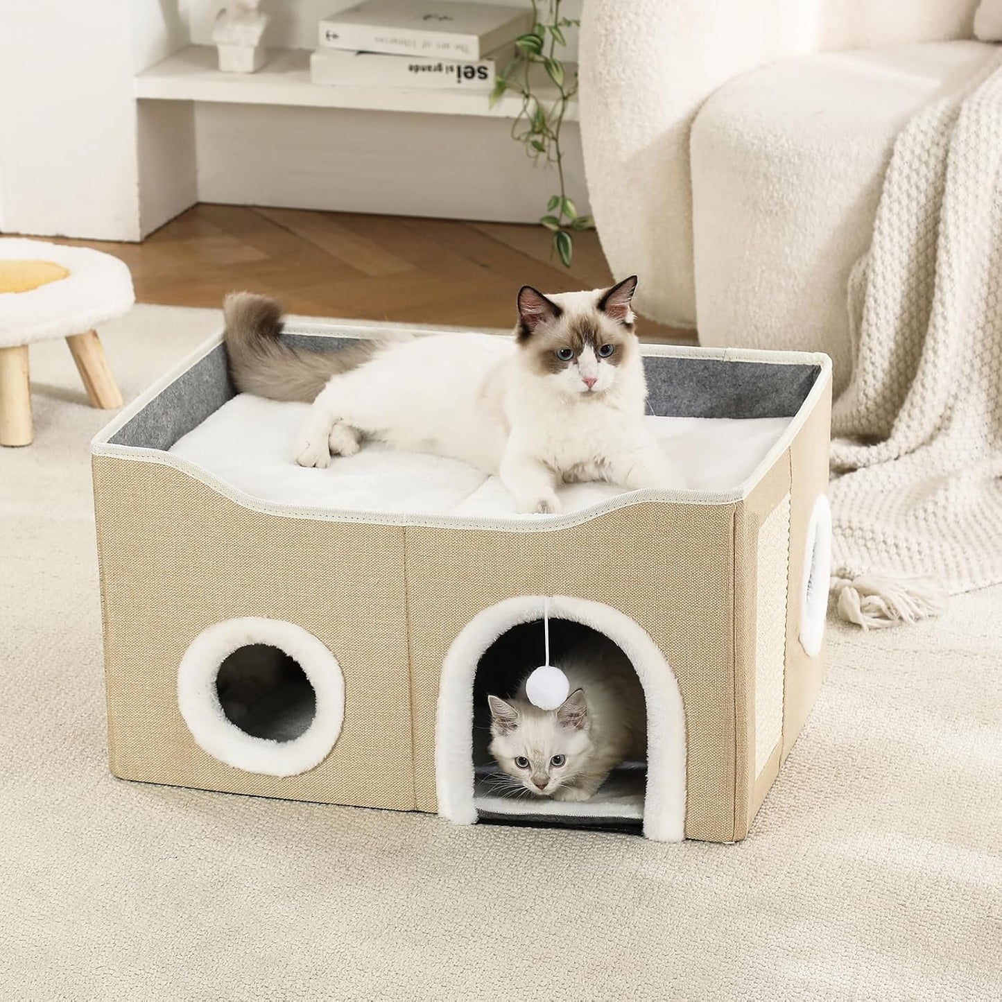 Large Cat Bed for Indoor Cats, Extra Wide Cat Cave House with Scratch Pad and Fluffy Ball, Foldable Cat Hideaway for Kitten Bed, Cat Condo for Cats (Khaki, X-Large)