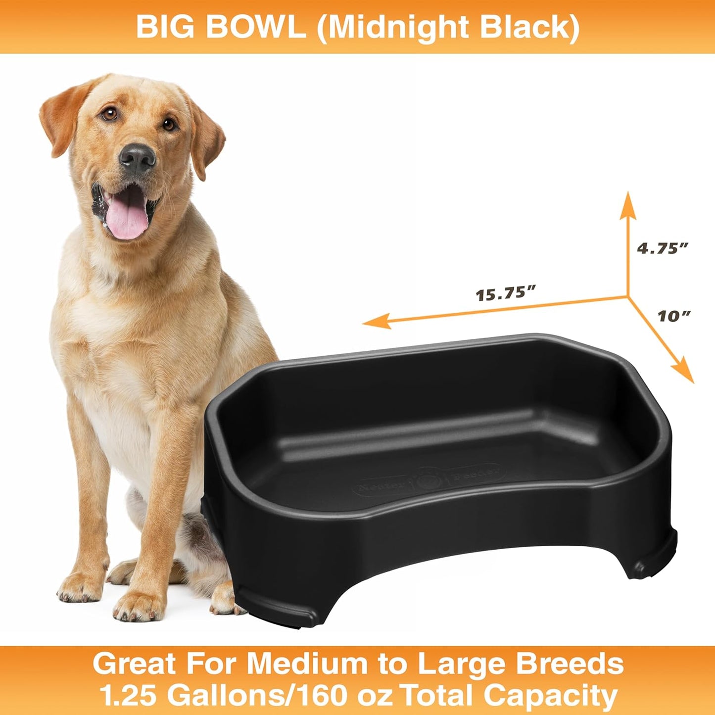 Neater Pet Brands Large Water Bowl for Dogs, Outdoor Dog Water Bowl (1.25 Gallon Extra-Large Capacity), Big Trough Style Food Dish for Indoors or Outside, No Spill Large Dog Bowls, Midnight Black