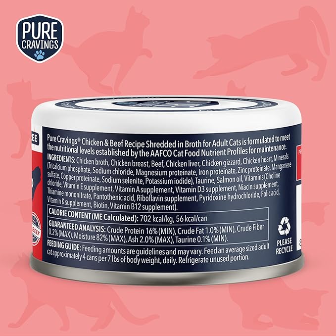 Pure Cravings Chicken and Beef Recipe in Broth, Shredded Wet Cat Food, Grain-Free Protein, Non-GMO, 12 Pack
