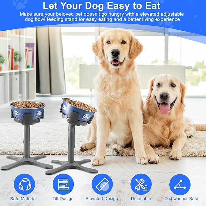 Dog Bowls Elevated Adjustable Stand, Raised Bowl with 4 Heights & Tilted Feeding Stand, Compatible with Various Bowls, for Medium & Large Breeds(with Bowl) Grey
