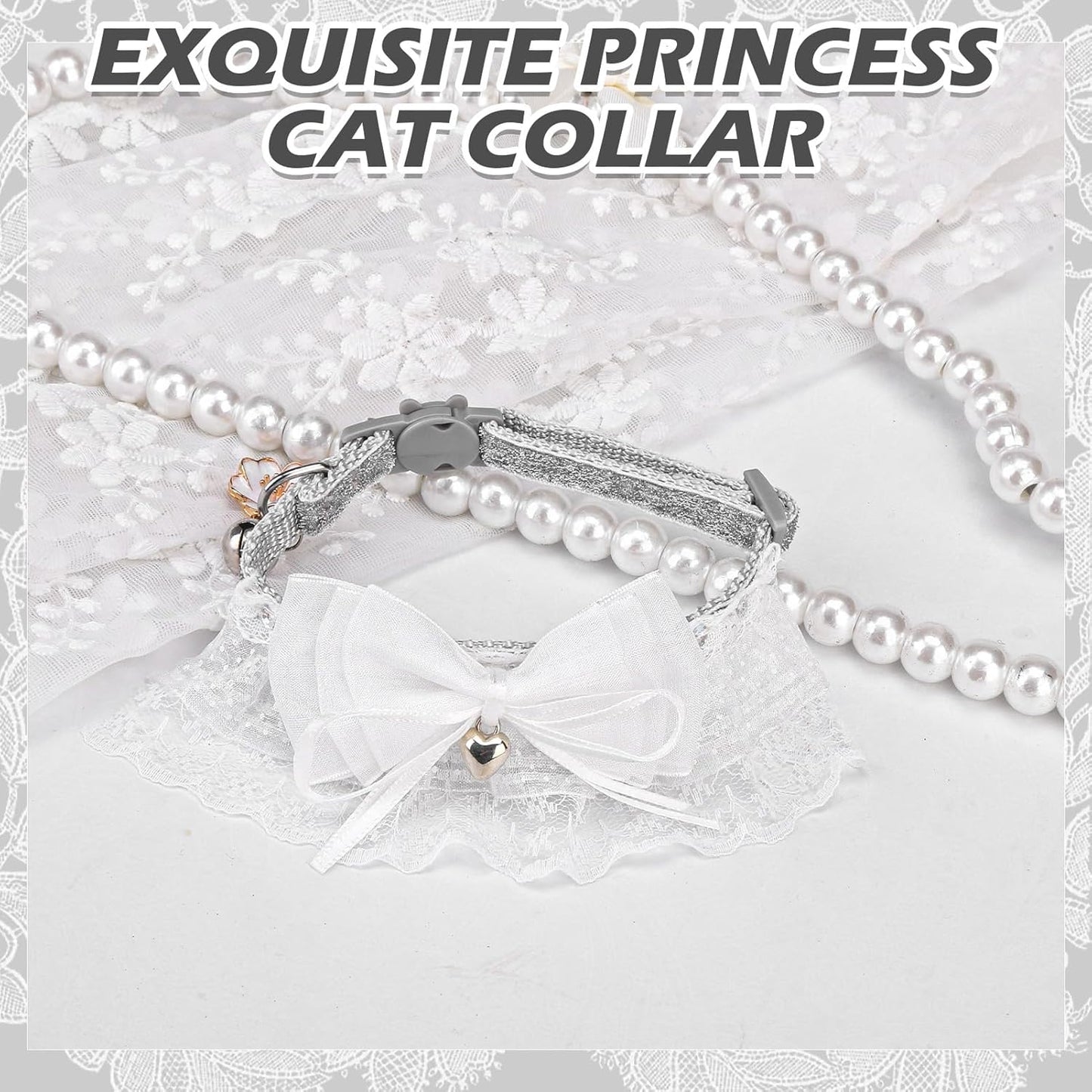 EXPAWLORER Cat Collar Breakaway,Adjustable Soft Lace Cat Collars for Girl Cats with Heart Accessory,Safety Quick Release Cute Pet Collar for Kitten,Small Dog