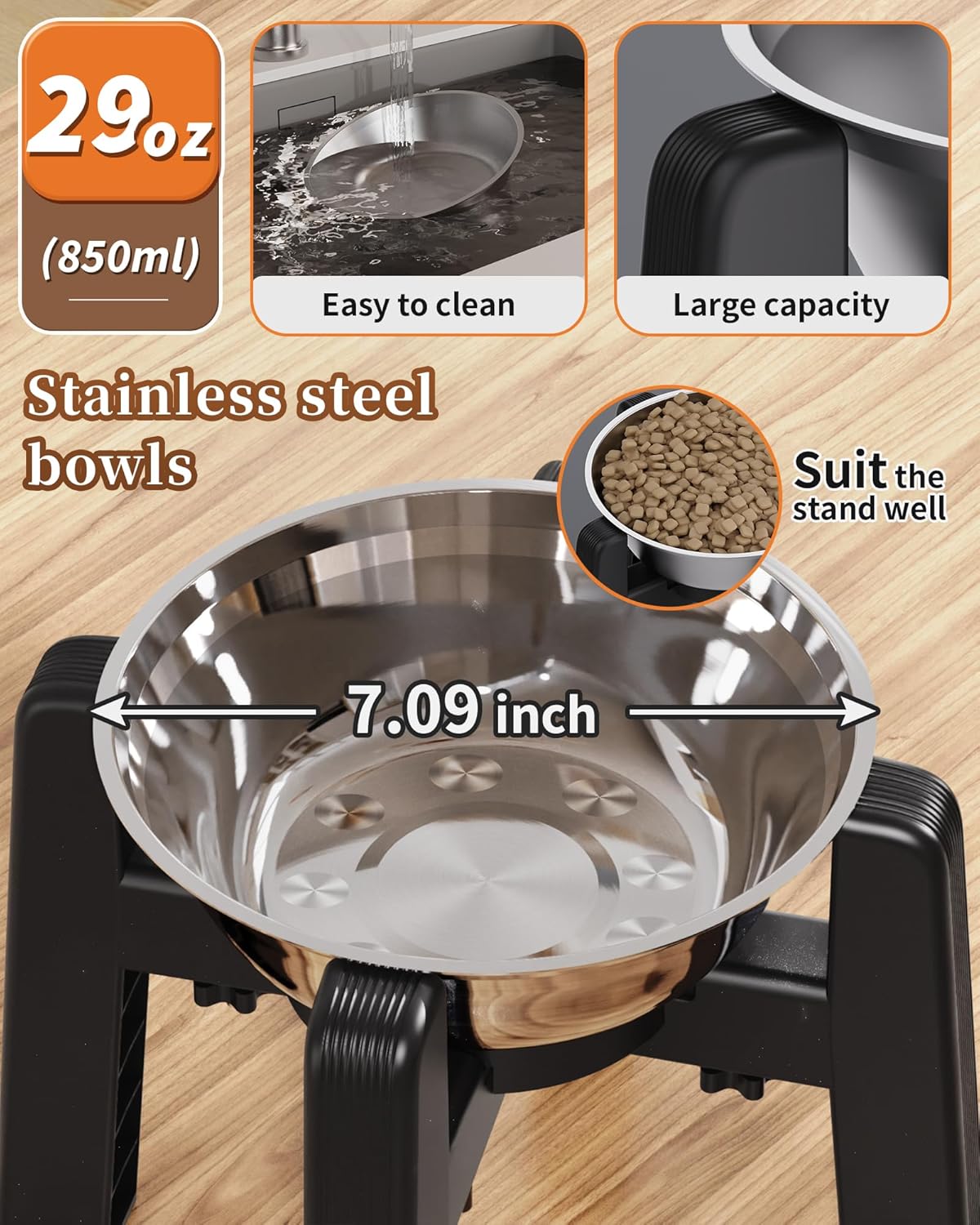 CZPET Elevated Dog Bowl, Raised Dog Bowl Stand with 51oz Stainless Steel Bowl Large Capacity, Size Adjustable & Anti-Slip Stand for Medium Dogs