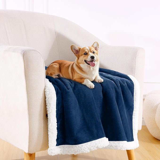 Smiry Waterproof Blanket Throw for Large Dogs, Soft Reversible Dog Blanket for Sofa Couch Bed, Washable Leakproof Sherpa Fleece Furniture Couch Cover Protector(40"x60", Navy/White)