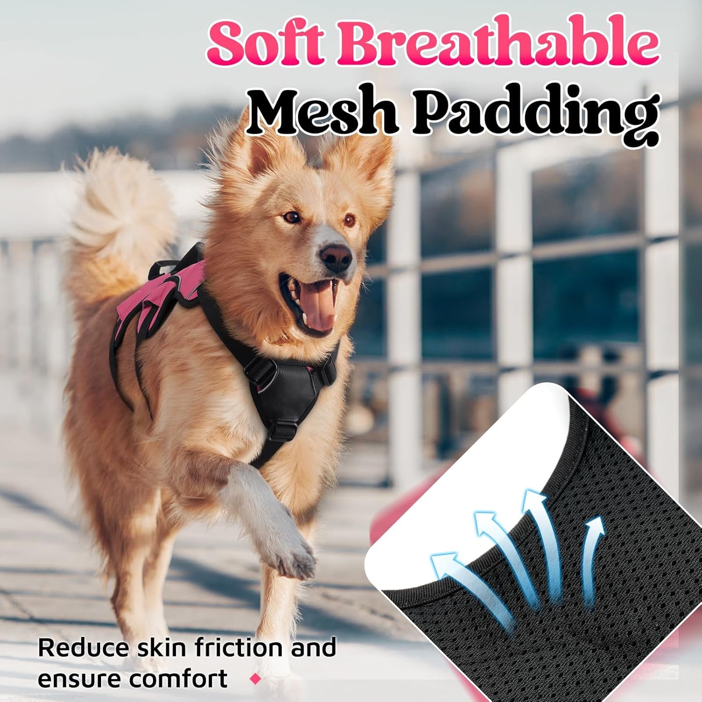 rabbitgoo Escape Proof Dog Harness, Soft Padded Full Body Pet Harness, Reflective Adjustable No Pull Vest with Lift Handle and Leash Clip for Large Dogs Walking Hiking Training, L, Pink