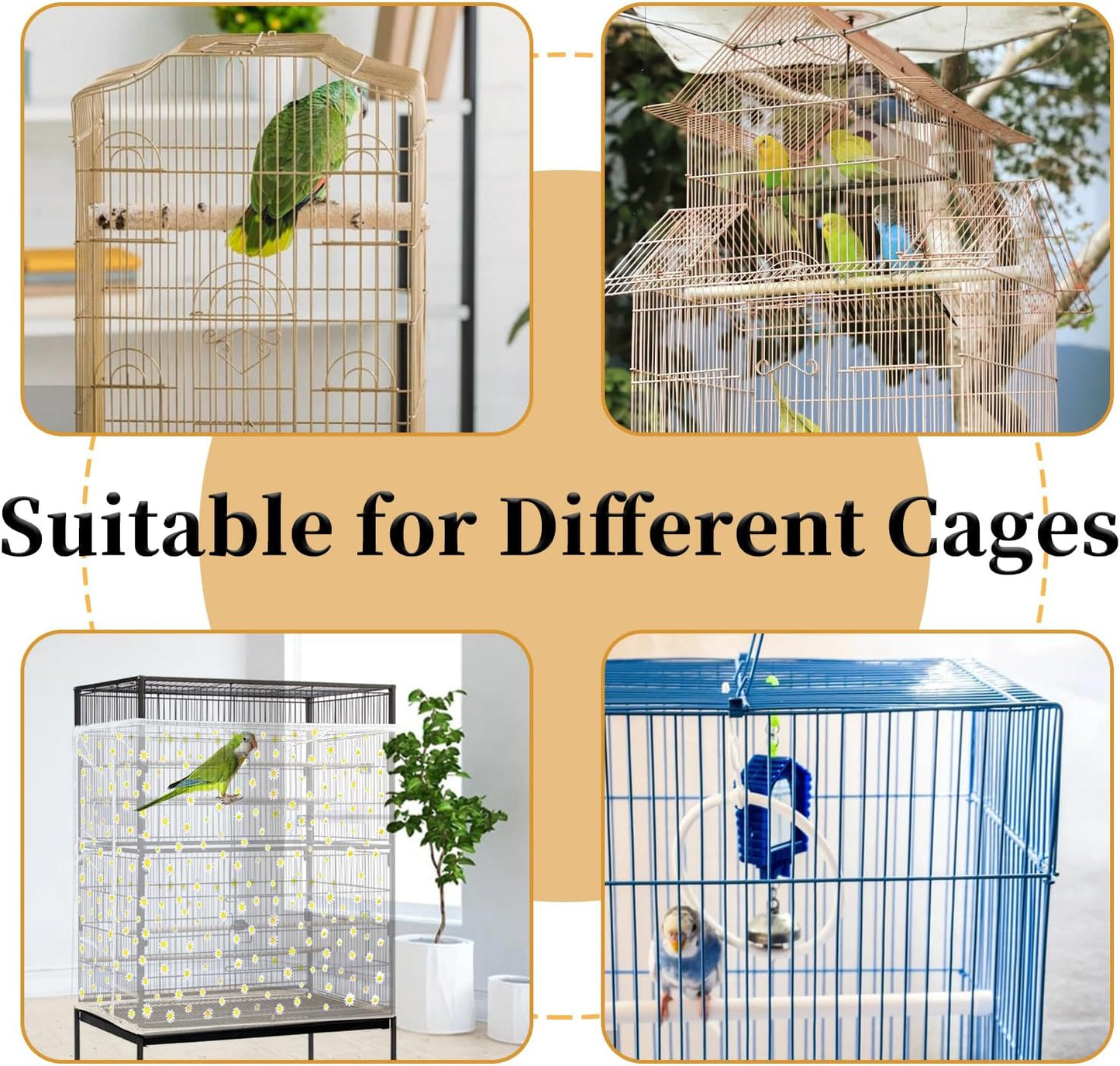 Daoeny Bird Cage Seed Catcher, Large Bird Cage Cover, Adjustable Soft Airy Nylon Mesh Net, Birdcage Cover Skirt Seed Guard for Parrot Parakeet Macaw African Round Square Cages (White, Daisy Design)