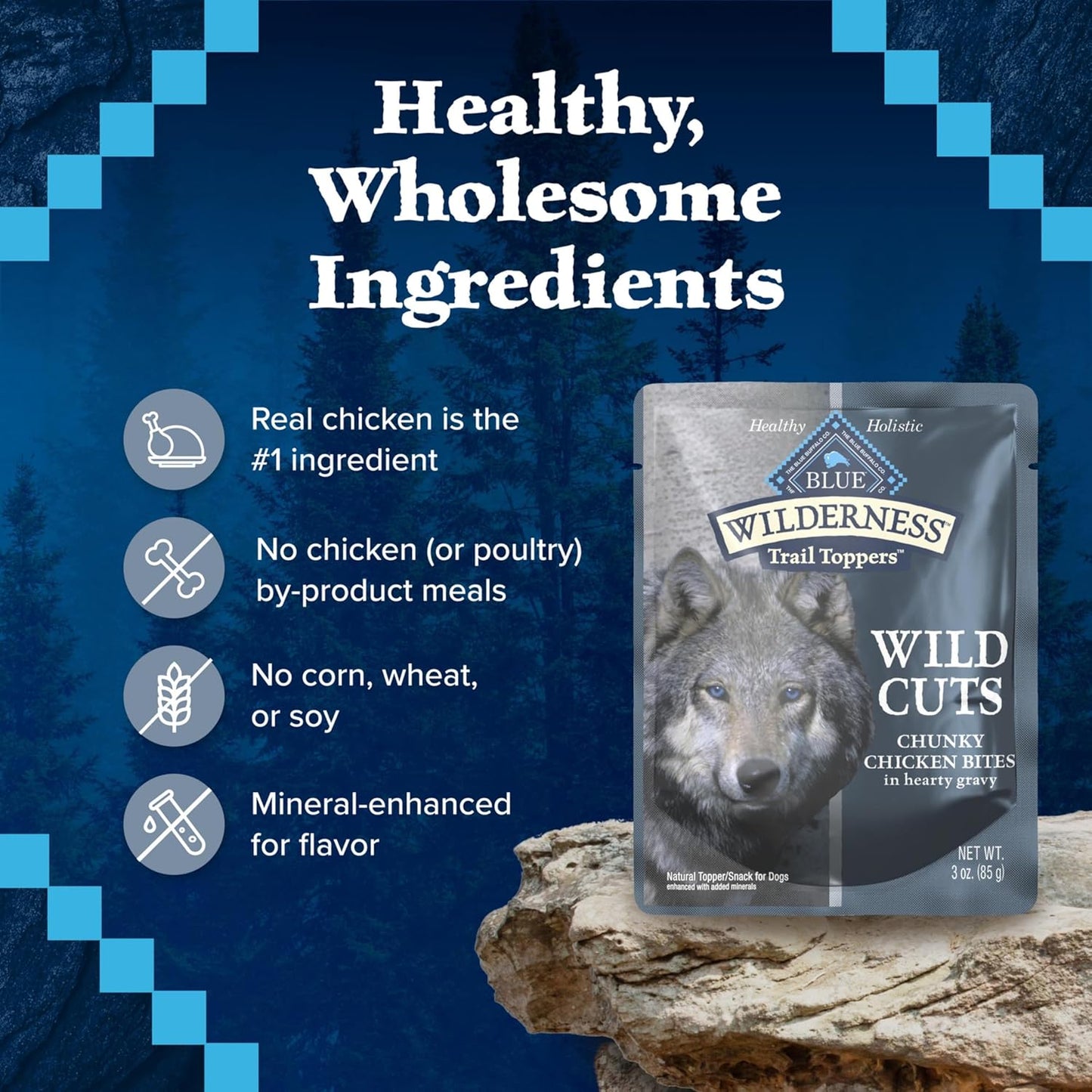Blue Buffalo Wilderness Trail Toppers Wild Cuts Natural High-Protein Dog Wet Food, Chicken Bites in Hearty Gravy, 3-oz Pouch, 24 Count