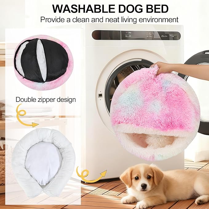 Calming Dog Beds & Cat Cave Bed with Hooded Cover,Removable Washable Round Beds for Small Medium Pets,Anti-Slip Faux Fur Fluffy Coved Bed for Improved Sleep,Fits up to 15/25 lbs(Colorful,M)
