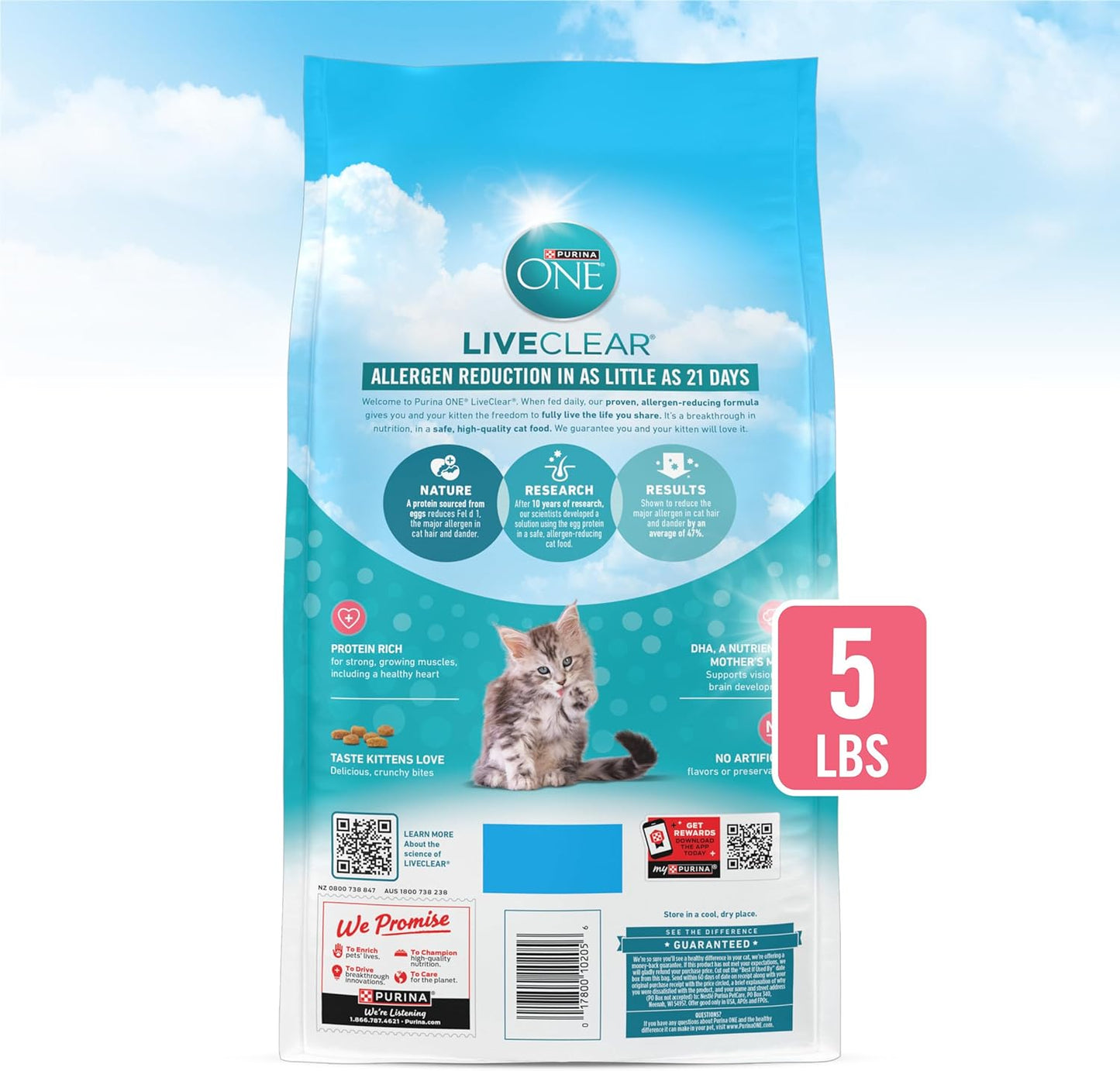 Purina ONE LiveClear Allergen-Reducing Dry Kitten Food Formula with Real Chicken As The Number One Ingredient - 5 lb. Bag
