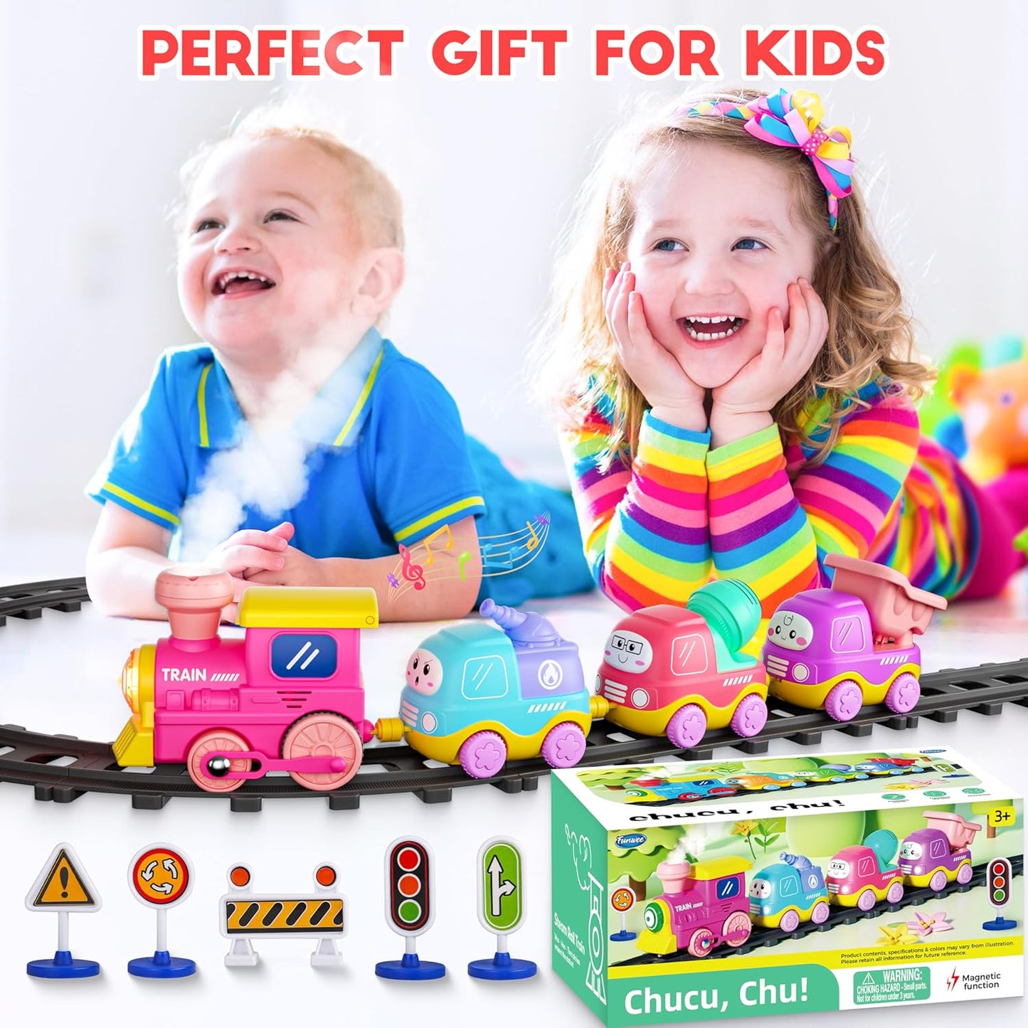 Funwee Steam Track Train Set for Toddlers, Magnetic Connection Train Toys w/Lights & Sounds, Electric Cartoon Choo Choo Train, Toy Train Christmas Birthday Gift for Toddlers 2 3 4 5+ Boy Girl (Pink)