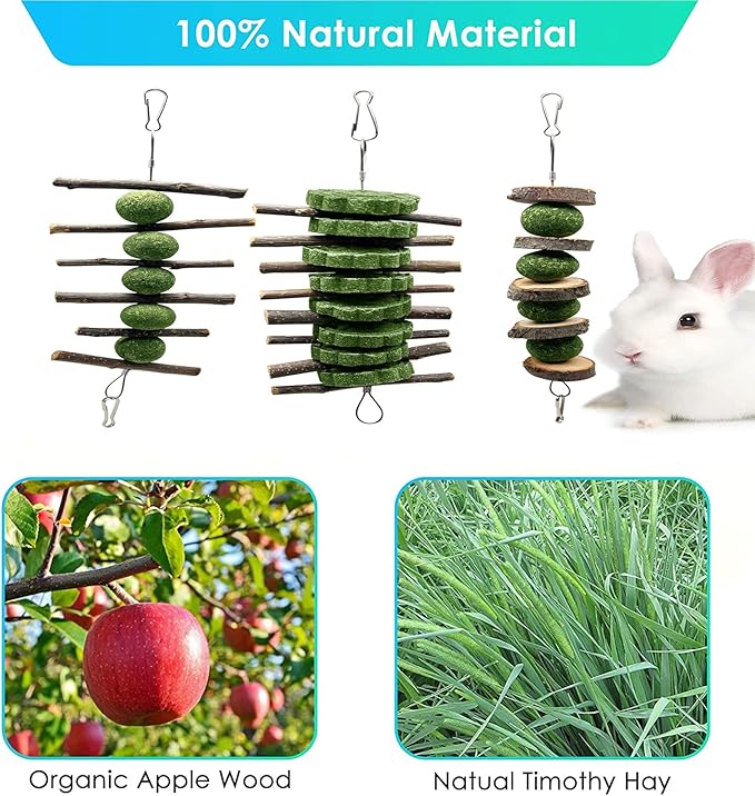 3 Pcs Bunny Teeth Grinding Chew Toys, Apple Branch Chewing Sticks with Grass Ball and Grass Cake for Rabbits Bunnies Hamsters Guinea Pigs