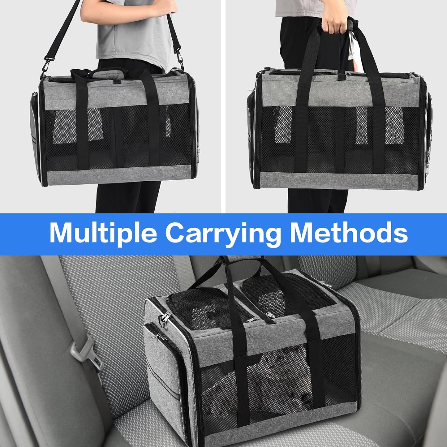 Portable 2-in-1 Pet Carrier,Double Compartment Cat & Dog Carrier for 2 Cats,Expandable Medium Dogs Large Cat Carrier with Sturdy Base,Breathable,Good for Traveling Walking Camping(Grey)