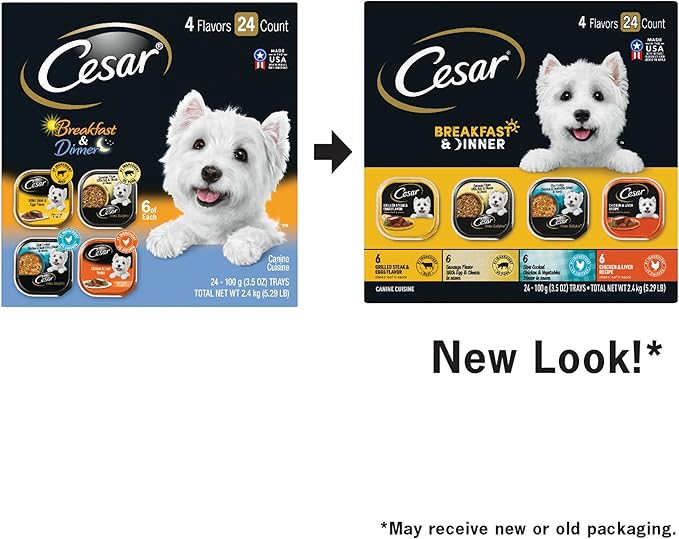 Cesar Wet Dog Food Home Delights & Classic Loaf in Sauce, Breakfast & Dinner Variety Pack, 3.5 oz. Easy Peel Trays (24 Count, Pack of 1)