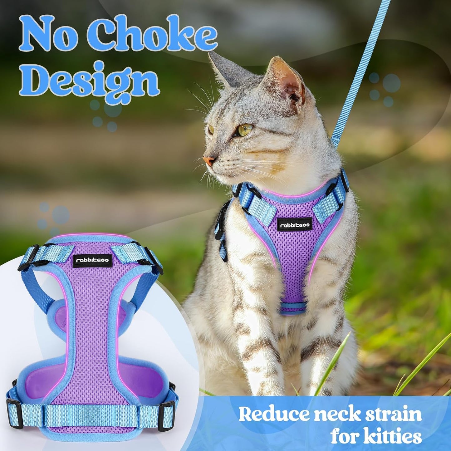 rabbitgoo Cat Harness and Leash Set, Escape Proof Soft Adjustable Vest Harnesses for Outdoor Walking, Easy Control Breathable Kitten Jacket with Reflective Strips, Purple & Blue, M