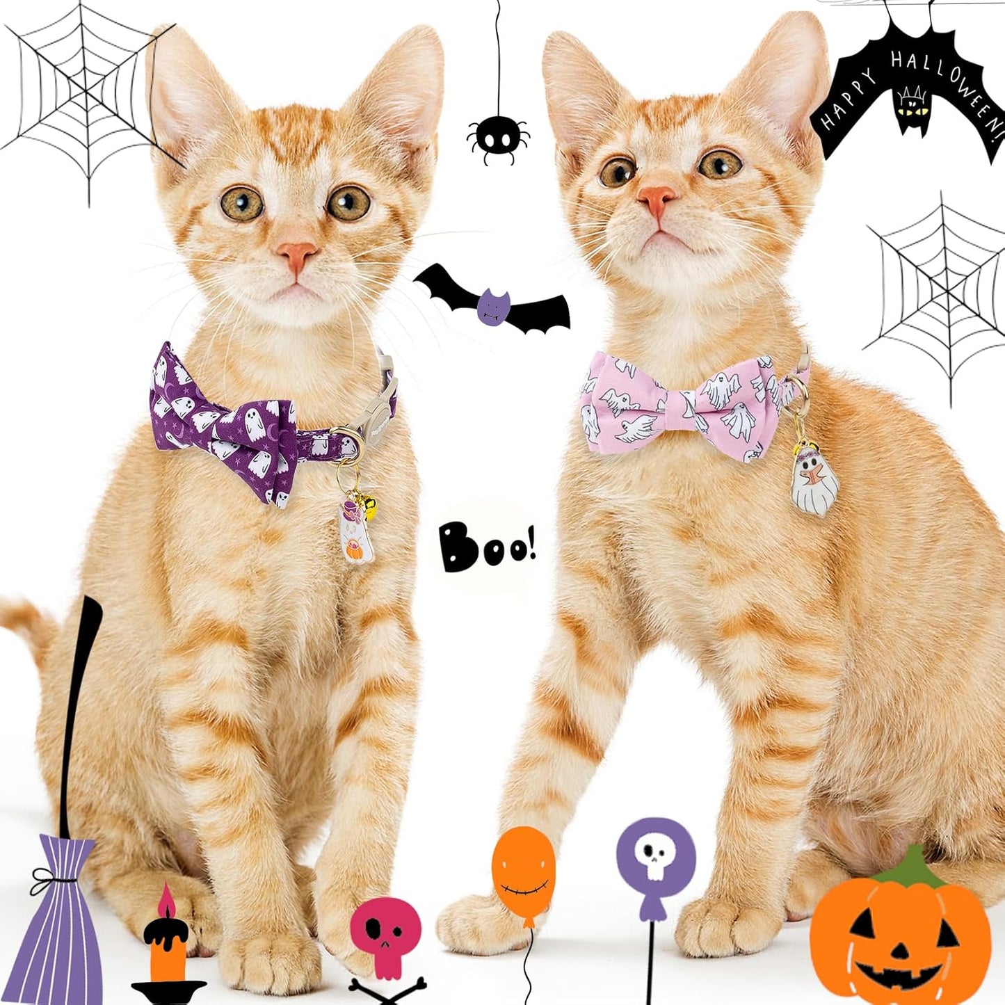 Faygarsle 2 Pack Halloween Ghost Pattern Cat Collar with Bow Tie and Bell, Breakaway Safety Buckle, Pink and Purple