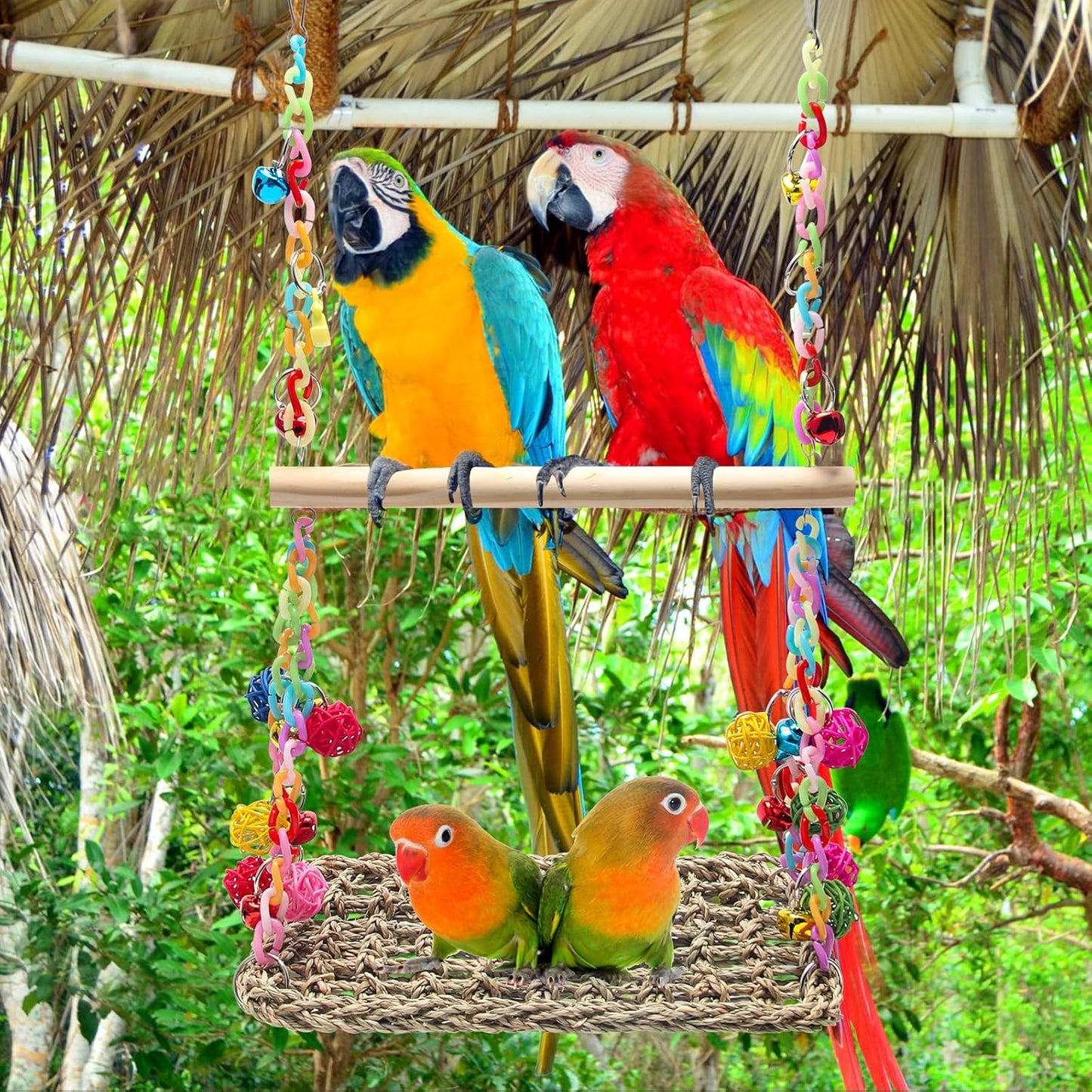 Bird Swing Toys Coolrunner Bird Hammock Bed Hanging Swing Nest Cotton Weave Hemp Rope Bird Seagrass Swing Toys with Colorful Bells Bird Swing Toys for Parakeets, Budgie, Conure, Cockatiel