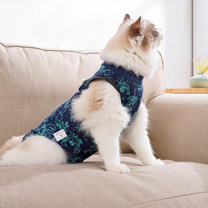 Cat Surgery Recovery Suit Cat Onesie for Cats After Surgery for Surgical Abdominal Wound Or Skin Diseases E-Collar Alternative Wear Neutering Bodysuit Wear (Dark-Blue-L)