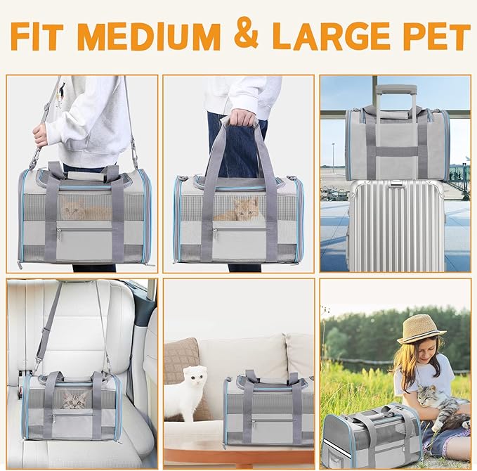 Large Cat Carrier Dog Carrier, Pet Carrier for 2 Cats Large Cats, Dog Carrier for Medium Small Dogs, Collapsible Soft Sided Pet Carrier for Cats Dogs Puppy of 25 Lbs, Light Grey
