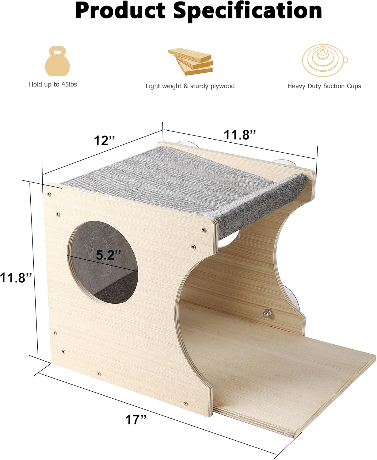Window Cat Perch Shelves for Inside, Sturdy Wood Climbing Seat Mounted with Heavy Duty Suction Cups, Corner Window Bed for Overlooking and Sleeping(Right)