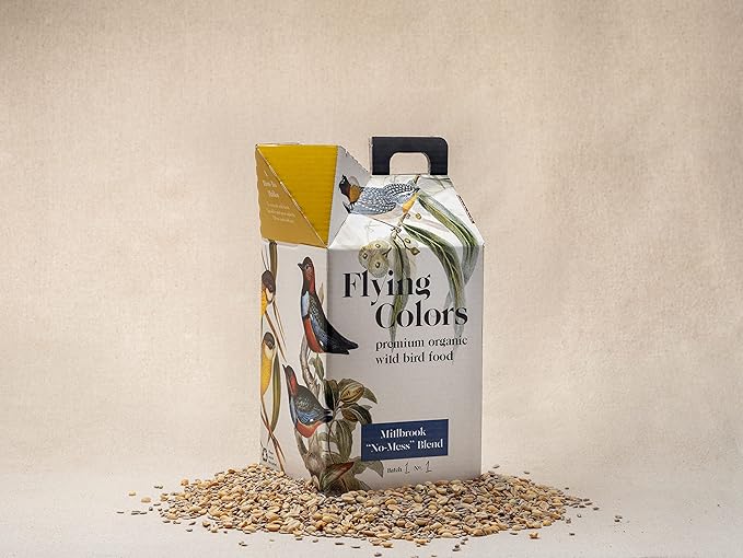 Flying Colors Premium Organic Wild Bird Seed | Millbrook No Mess Bird Seed for Outside Feeders | 100% USDA Organic, Waste Free, No Fillers, No Pesticides | Sunflower, Peanut | 3 Gallon Easy-Pour