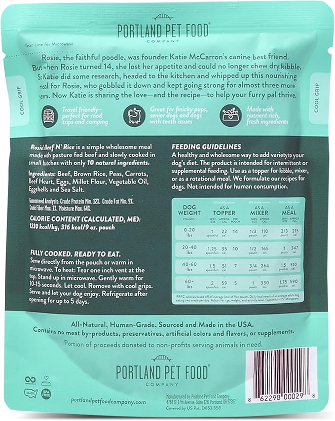 Portland Pet Food Company Rosie’s Beef N' Rice Fresh Dog Food Pouches - Human-Grade, Gluten-Free Wet Pet Meal Topper & Mixers - Small & Large Breed Puppy & Senior Dogs - Made in The USA - 5 Pack