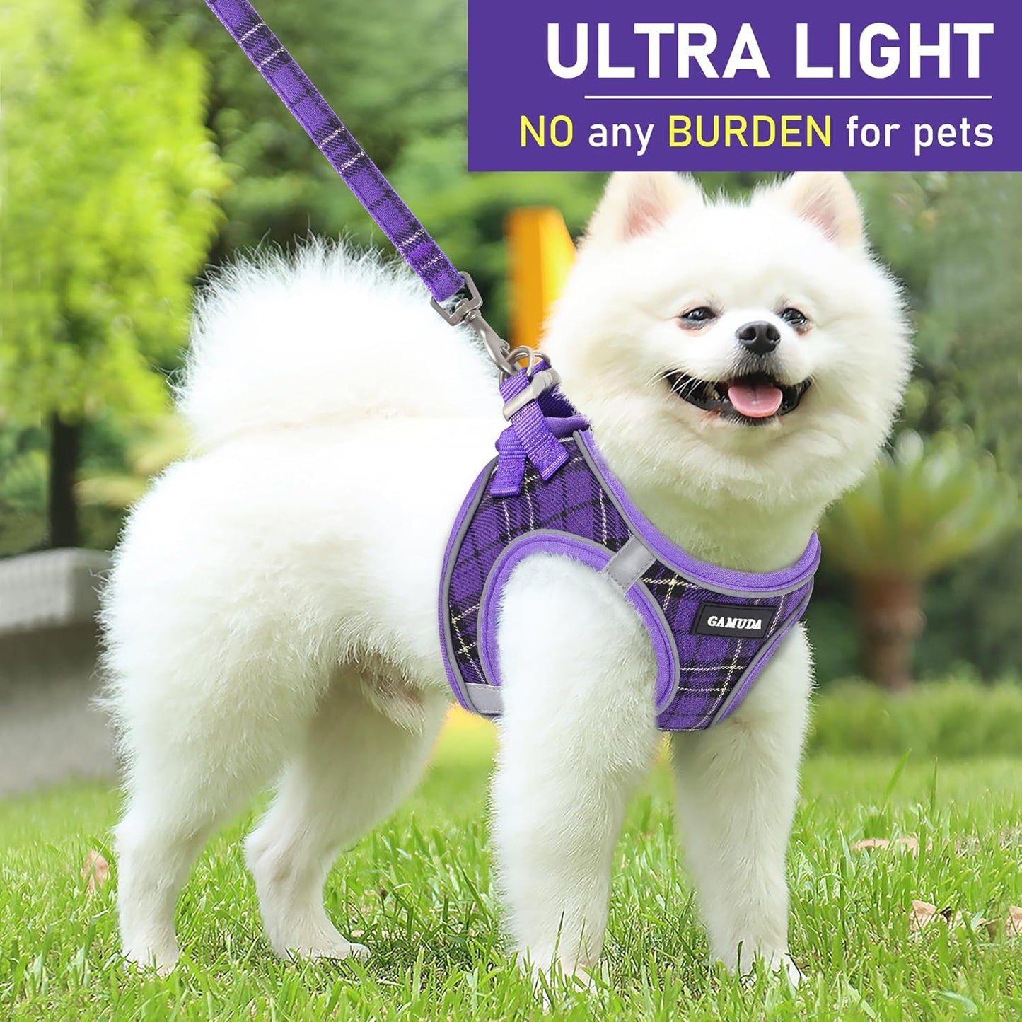 GAMUDA Small Dog Harness Collar and Leash Set, Step in No Chock No Pull Soft Mesh Adjustable Dog Vest Harnesses Plaid Reflective for Dogs Puppy Cats Kitten Rabbit (Purple, L)