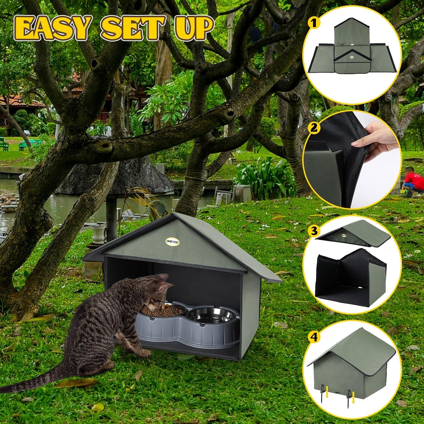 Dreyoo 1 Pack Outdoor Cat Feeding Station for Food & Water, Weatherproof Outdoor Kitty Dining Room Cat Shelter for Stray, Feral Cats and Community Cats, 13”d x 17”w x 15.5'h (Dark Green)
