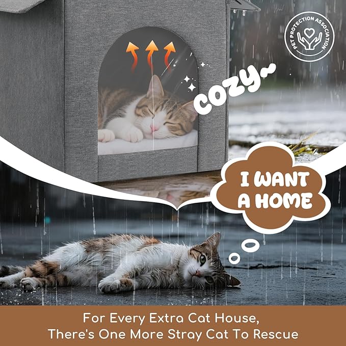 Outdoor Cat House Weatherproof, Insulated Cat Houses for Outdoor/Indoor Cats for Winter, Waterproof Feral Stray Cat Shelter with Warm Cushion and Door Curtain, Easy to Assemble, Grey