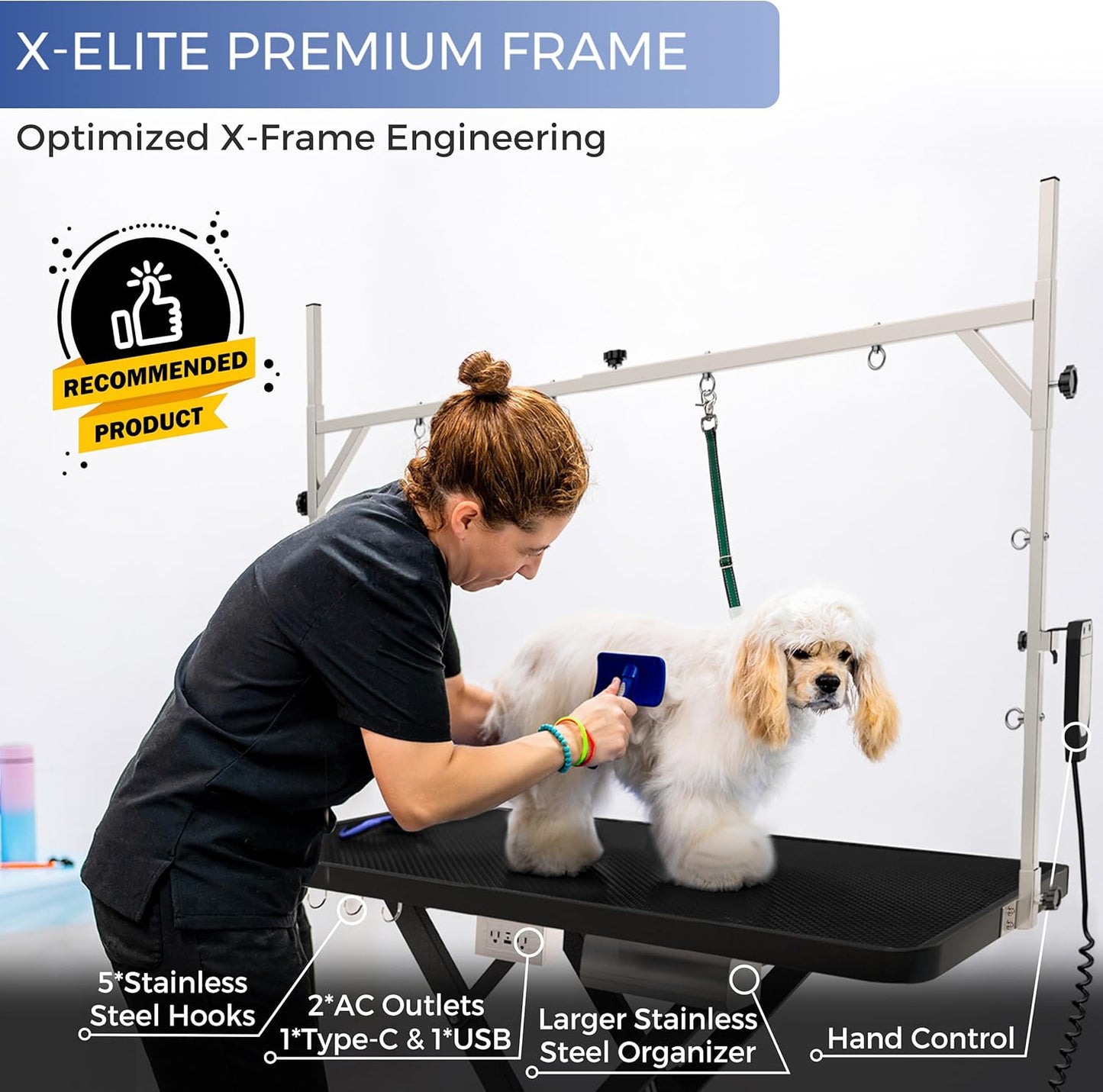 Professional Super Low-Step Electric Dog Grooming Table 49.2", Heavy Duty, Anti-Slip Tabletop, Height Adjustable Dog Table with Lockable Casters, Stainless Grooming Overhead Arm, Dog Grooming Station