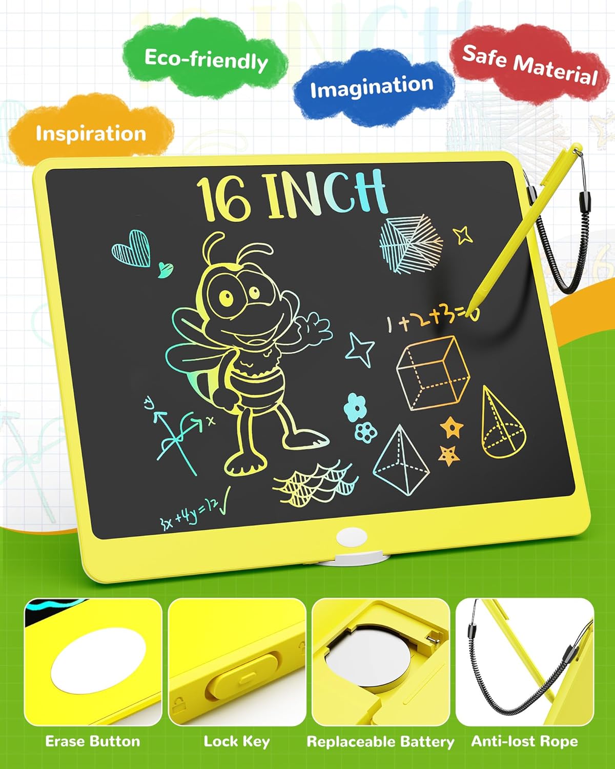 KOKODI LCD Writing Tablet, 16 Inch Colorful Toddler Doodle Board Drawing Tablet, Erasable Reusable Electronic Drawing Pads, Educational and Learning Toy for 3-6 Years Old Boy and Girls(Yellow)
