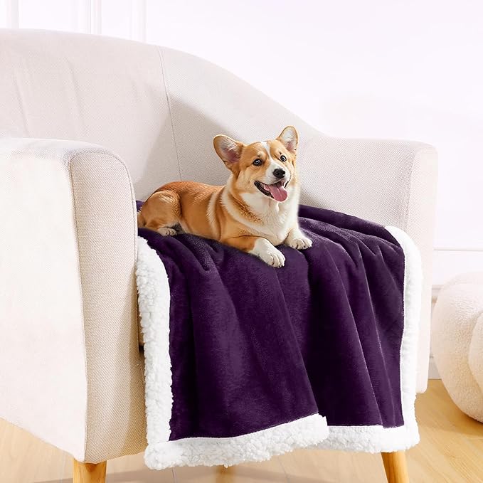 Smiry Waterproof Blanket Throw for Large Dogs, Soft Reversible Dog Blanket for Sofa Couch Bed, Washable Leakproof Sherpa Fleece Furniture Couch Cover Protector(50"x60", Dark Purple/White)