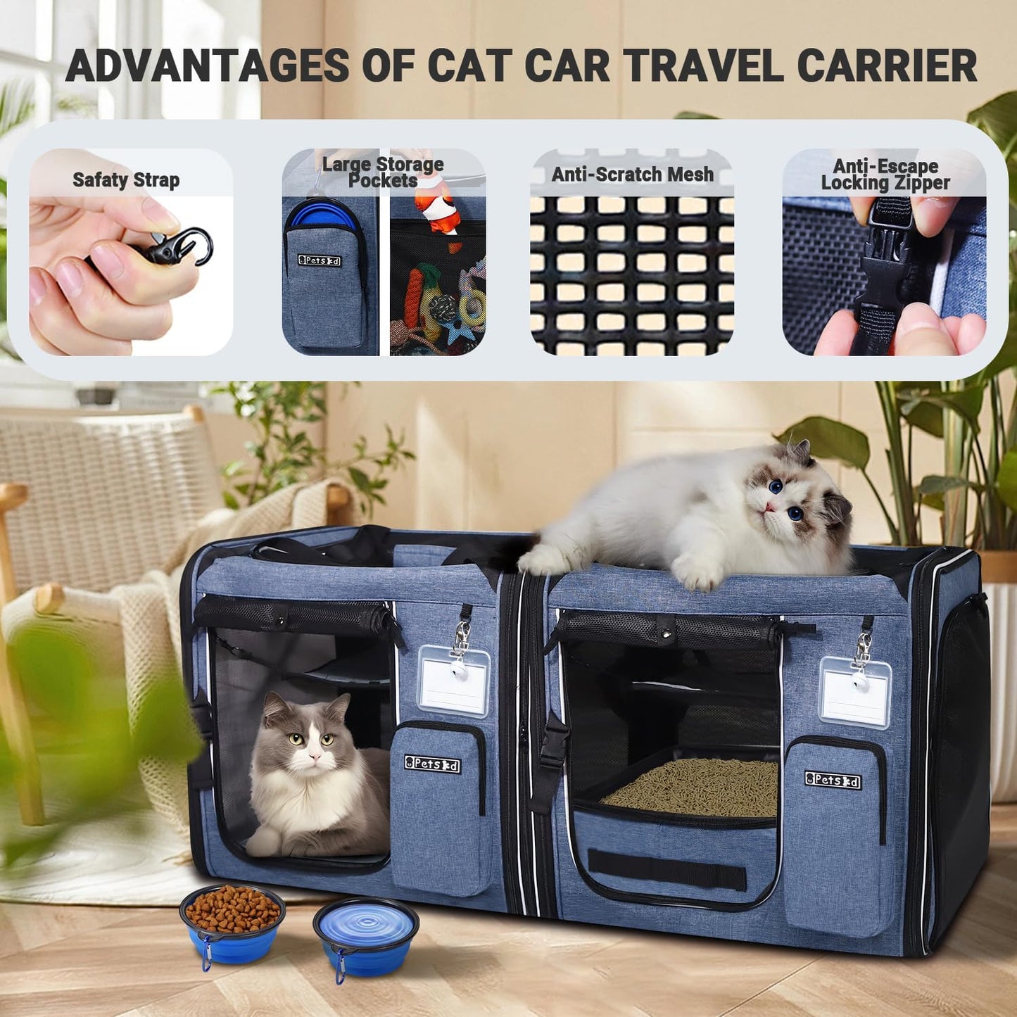 Petskd 2 in 1 Double Cat Car Travel Carrier with Litter Box, 38"x17"x18" Portable Dual Extra Large Cat Carrier for Multiple Cats with Zipper Locks for Moving Across The Country