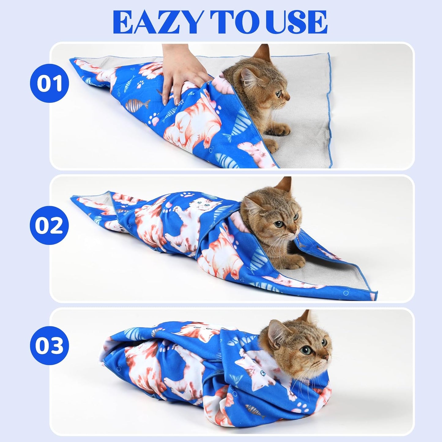 21.7“ Cat Wrap for Cutting Nails Self-Adherent Fabric Cat Wrap for Grooming Cat Restraint for Nail Clipping Anti-Escape Cat Calming Wrap Within 6lbs