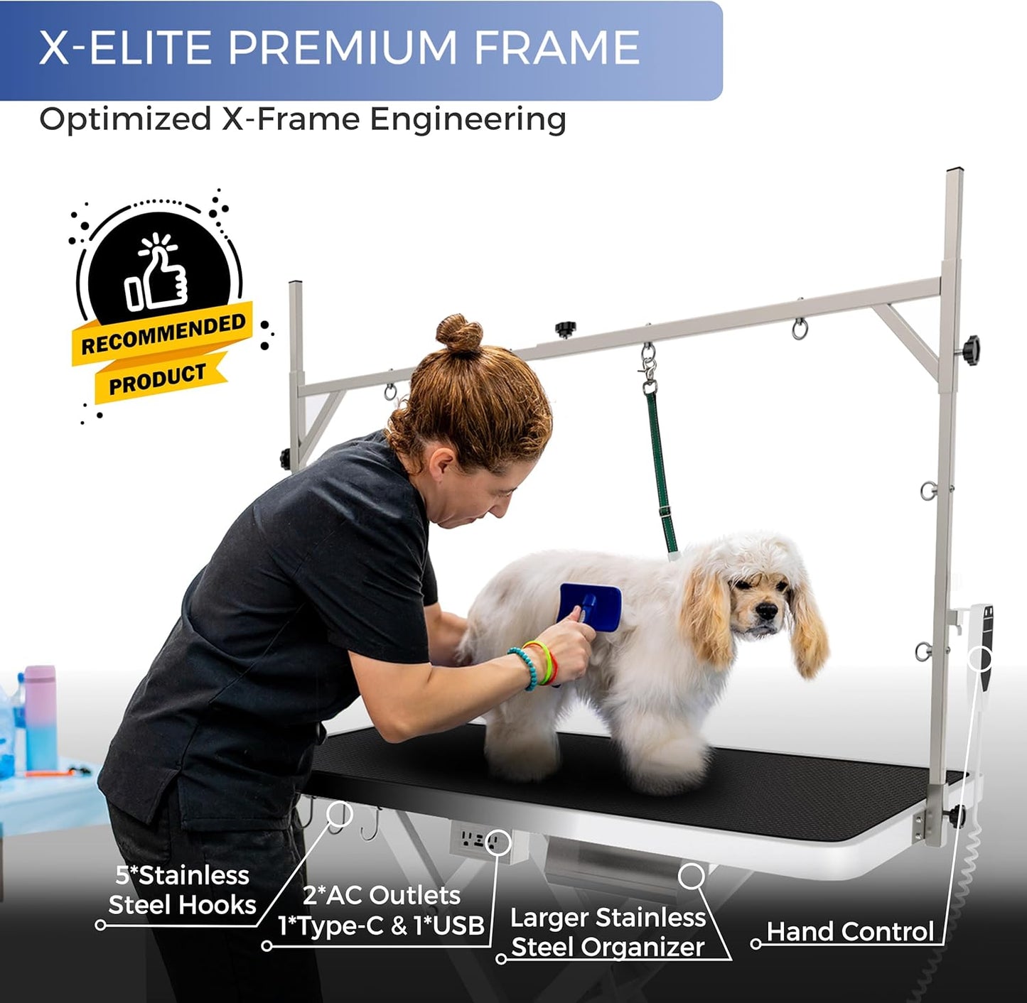 Burano Professional Super Low-Step Electric Dog Grooming Table 49.2", Heavy Duty, Anti-Slip Tabletop, Height Adjustable Dog Table with Lockable Casters, Stainless Grooming Overhead Arm