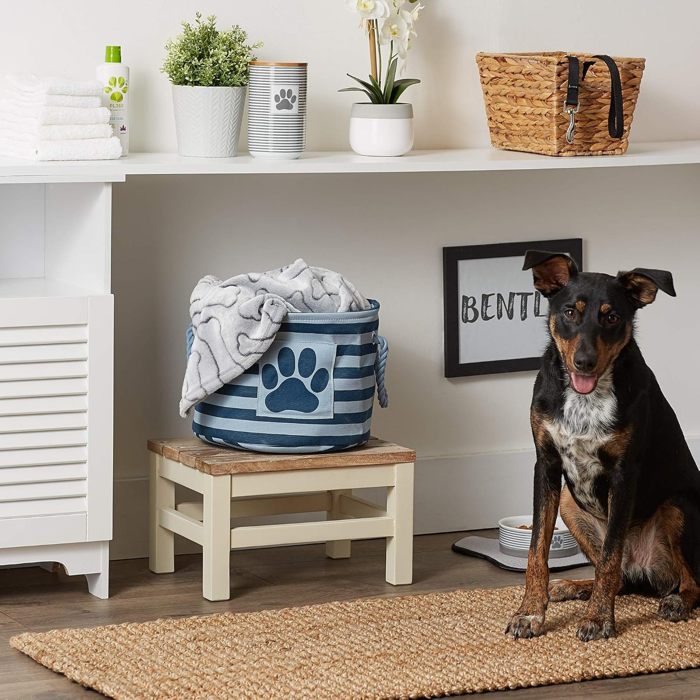 Bone Dry Pet Storage Collection Striped Paw Patch Bin, Dark Navy, Small Round