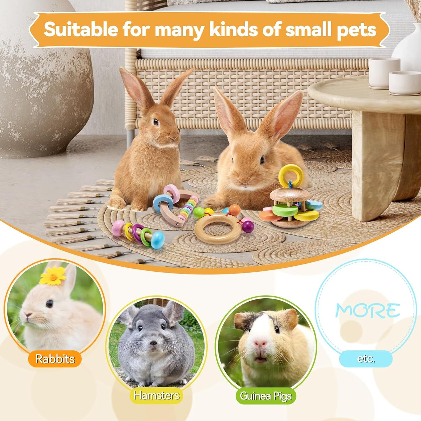 4 Pcs Wooden Bunny Toys - Safe Rabbit & Guinea Pig Toys for Chinchillas & Hamsters, Teeth Grinding, Indoor & Outdoor