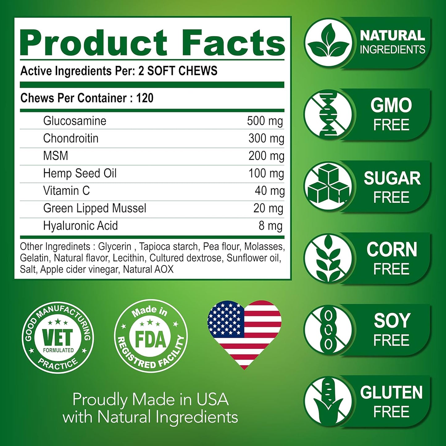 Vet Promise Hemp Hip and Joint Support Supplement for Dogs - Glucosamine for Dogs - Hemp Oil, MSM, Chondroitin - Support for Joint Pain Relief and Health - 120 Soft Chews - Made in USA