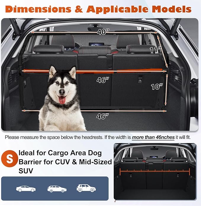 Dog Barrier for Cargo Area, 46" Wide See Through Vehicle Car Hatchback Dog Car Net Barrier, Dog Car Net Mesh for 3rd Row Seat,Back Seat Car Divider Barrier Restraint Fence Trunk Shield for Car