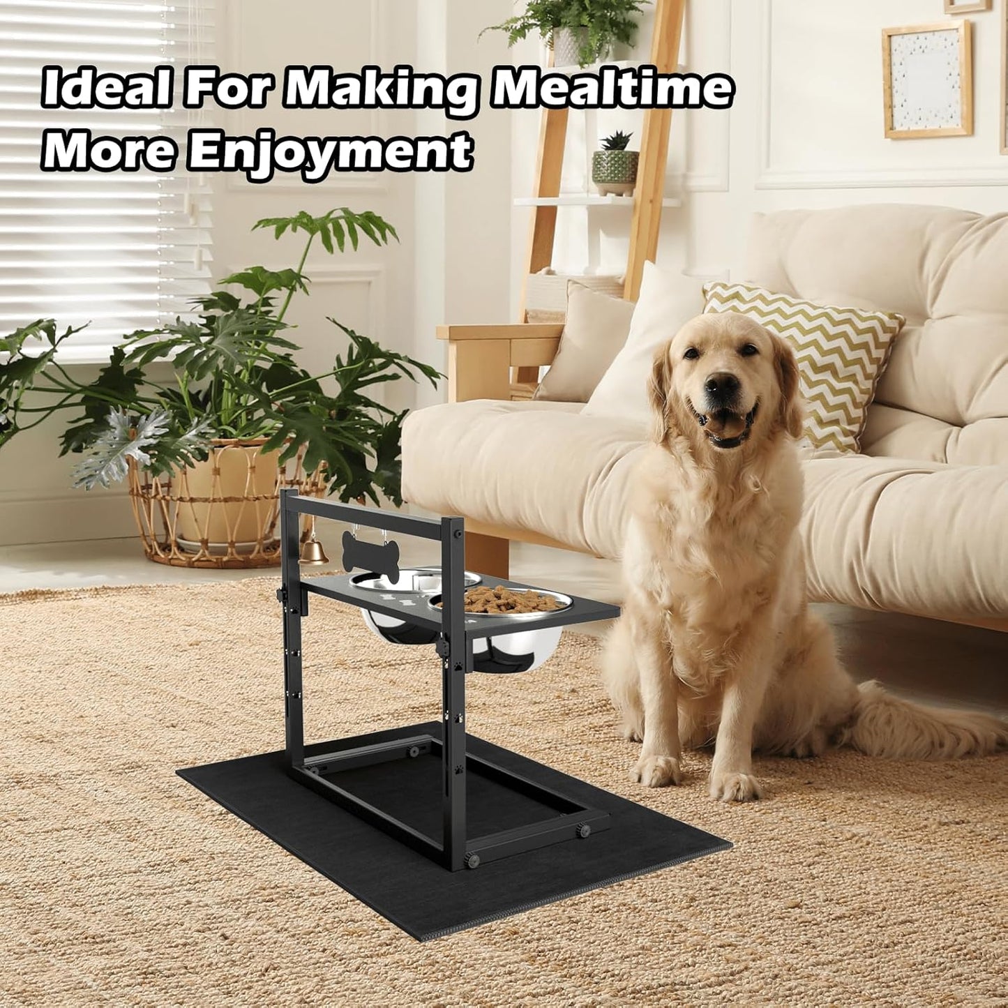 Elevated Dog Bowls With Mat, Adjustable Height 4.3-11.8'', Two 1.7L Stainless Steel Food & Water Bowls, Metal Raised Stand for Large, Medium Dogs