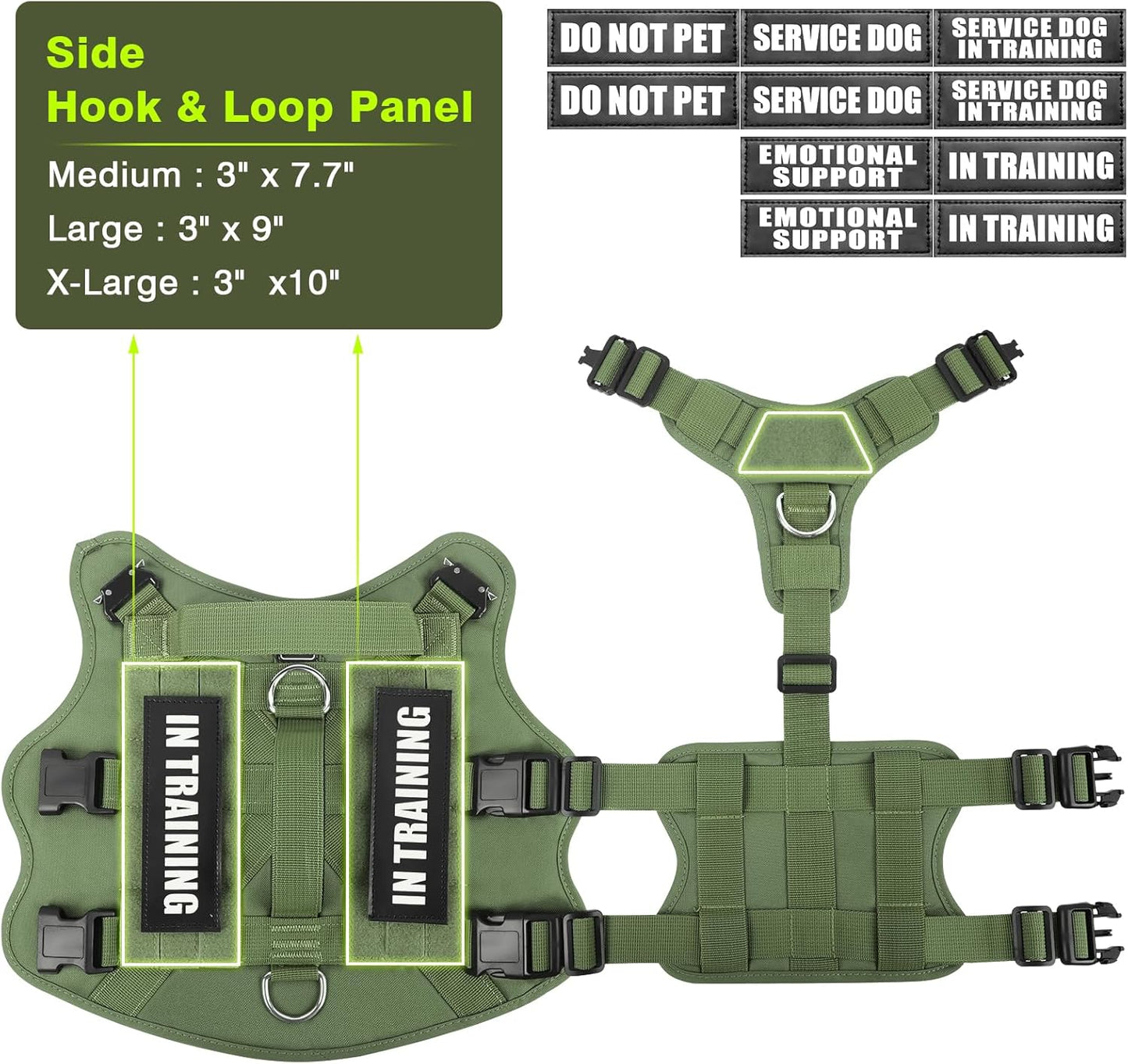 WINSEE Tactical Dog Harness with Dog Leash, Service Working MOLLE Vest with 10 Pet Patches for Dog, No Pull Military Harness and Backpack for Training Hunting Walking