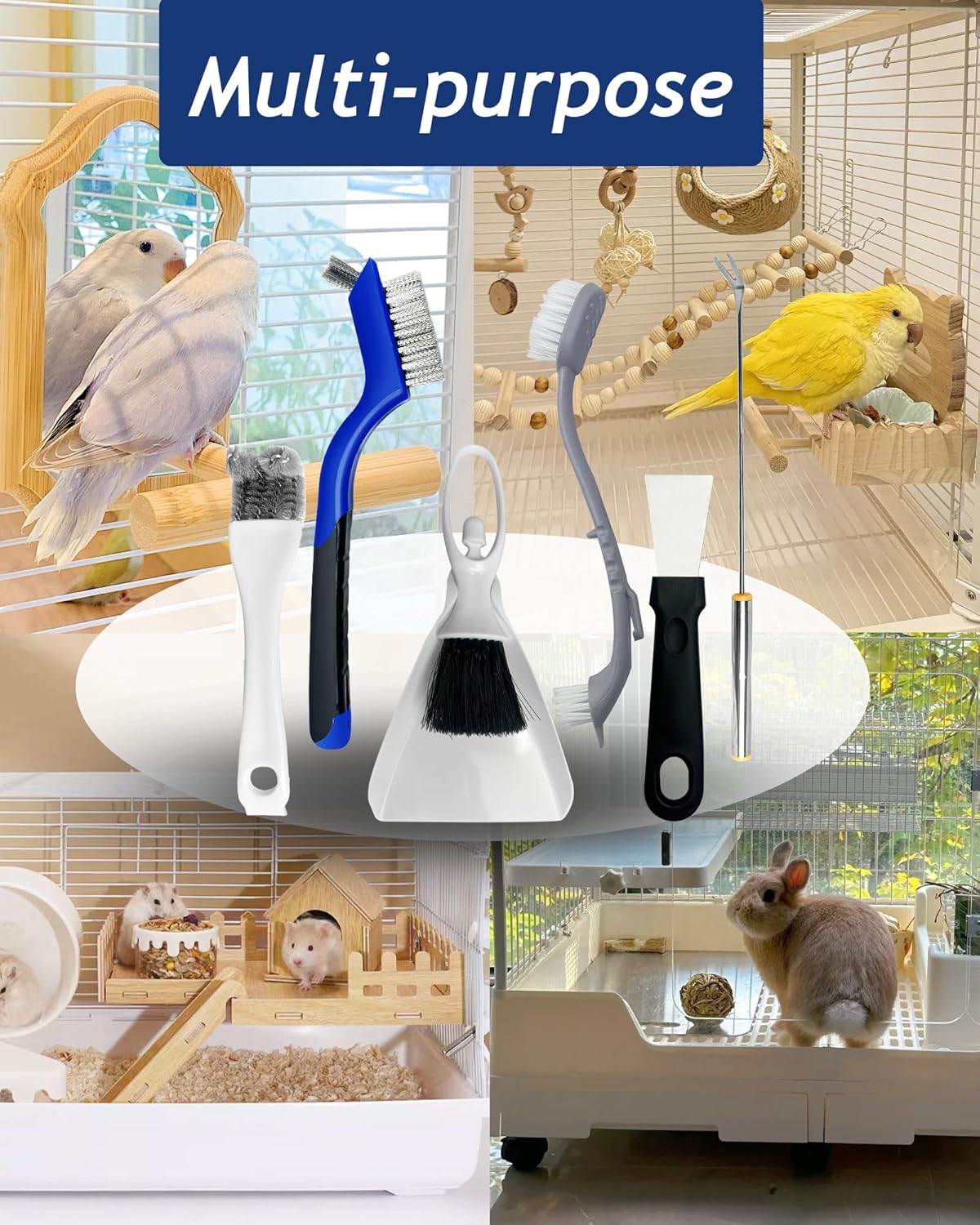 Upgrade 6PCS Cage Cleaner Set,2-in-1 Stainless Steel Pet Cage Brush,Bird Poop Remover,Dual Head Brush,Long Handle Scraper,Small Animals House Cleaning Accessories,Mini Dustpan and Broom Set (6PCS-1)