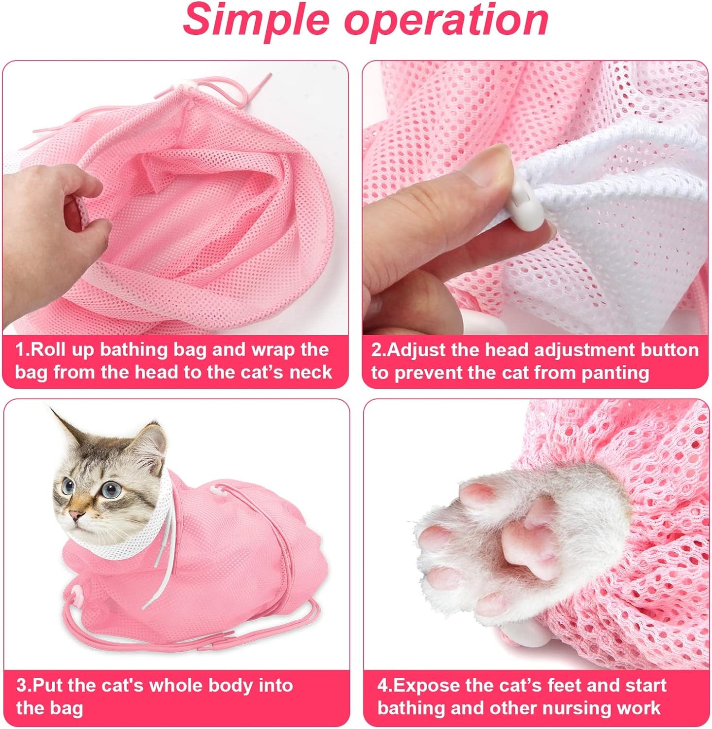 Breathable Mesh Shower Bag - Anti Scratch Adjustable Grooming for Nail Trimming, Bathing - Polyester Soft Cat Washing (White-Pink)