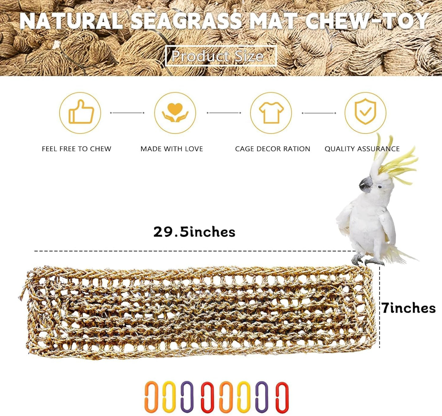 2Pcs Bird Seagrass Mat 30 × 7" Natural Grass Woven Net Hammock with Hooks Climbing Rope Ladder Chew Toys Hanging on Parrot Cage for Lovebird Pigeon Cockatiel Conure Budgie Cockatoo