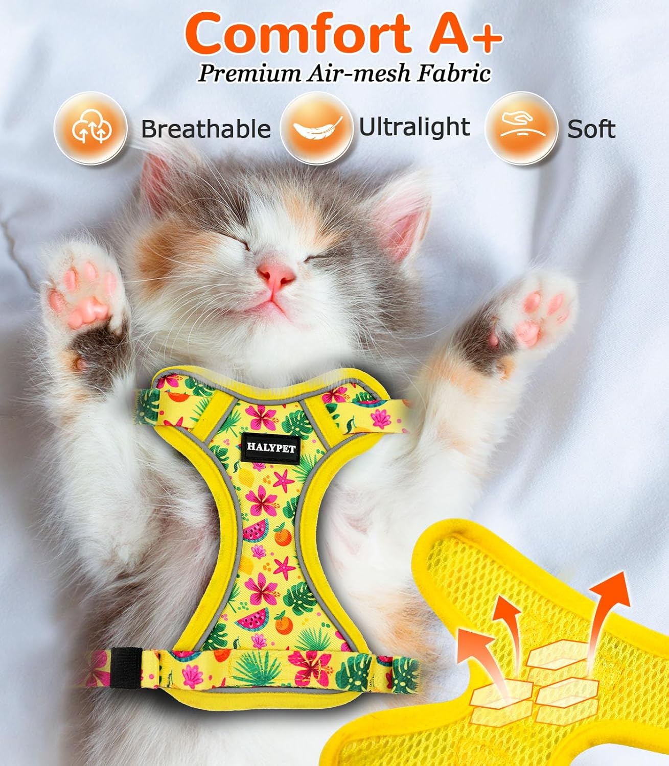 Halypet Cat Harness and Leash Set for Walking, Escape Proof Adjustable Vest Harness with 3-in-1 Integrated Buckles, Easy Control Soft Breathable Mesh with Reflective Strips for Cats, XS, Bright Yellow
