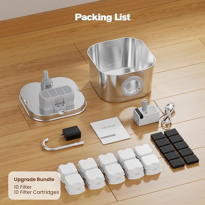 Cat Water Fountain with 10 Filters + 10 Sponges,Pet Fountains Cats Automatic Waterer Bowls for Drinking Small Dog Water Dispenser Indoor Metal Pets Water Faucet Bottle Kitty Watering Supplies